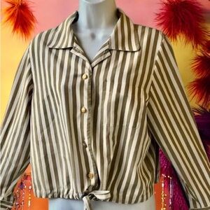 Striped Button Up Crop Blouse Top Tie Sash Pinion Chest Pocket